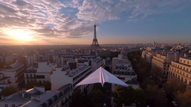 Cinematic aerial footage of Paris at sunrise, featuring the Eiffel Tower above classic Haussmann rooftops and tree-lined streets under a dramatic cloudy sky