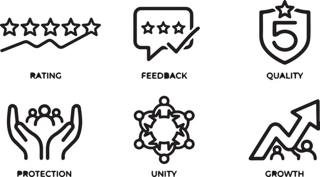 Customer Feedback, Business Growth, and Team Unity Icon Set - Rating, Quality Assurance, Protection, and Corporate Success Vector Line Icons
