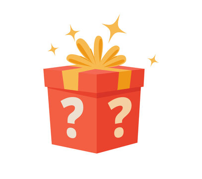 Flat vector illustration of a mystery gift box with a question mark. Cartoon minimal style surprise package graphic