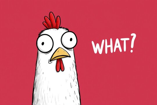Funny surprised chicken with what text on pink background