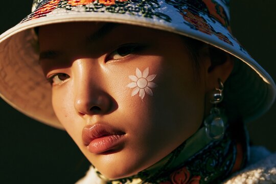 Fashion portrait with floral face paint and bucket hat