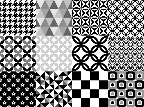 A curated collage of twelve seamless black and white geometric patterns arranged in a clean 3x4 grid composition design layout.