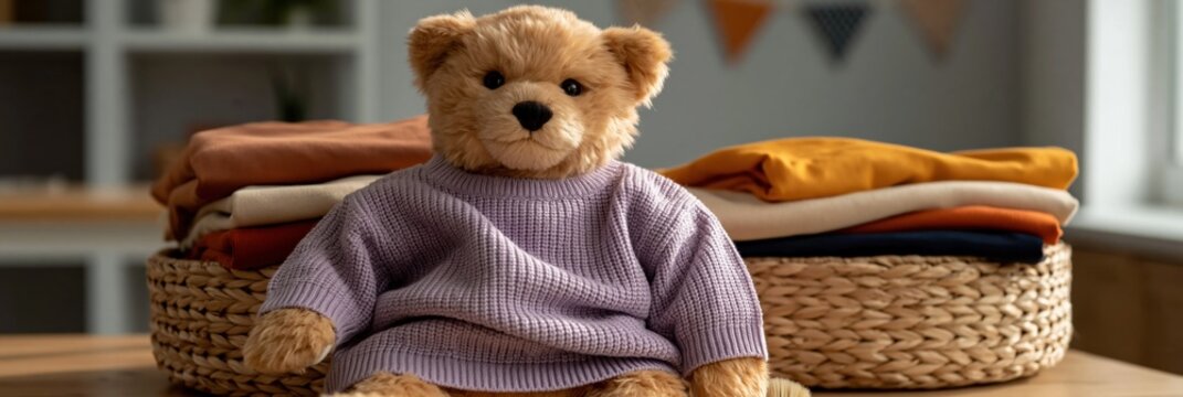 Teddy bear wearing sweater sitting beside woven laundry basket