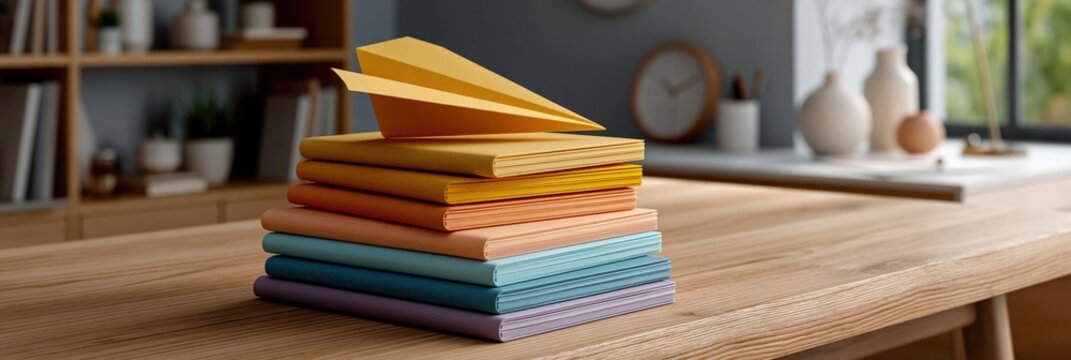 Paper airplanes stacked on colorful notebooks on wooden table