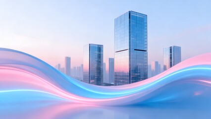 Fototapeta premium Modern city skyline with abstract wave design