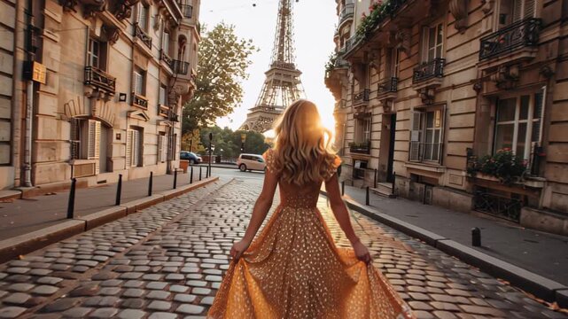Cinematic rear view of a stylish woman walking on a cobblestone street toward the Eiffel Tower at golden hour, framed by classic Paris buildings and warm sunlight