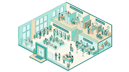 Fototapeta premium Isometric illustration of modern municipal government building interior with digital citizen service kiosks healthcare consultation and office cubicles in flat green color palette