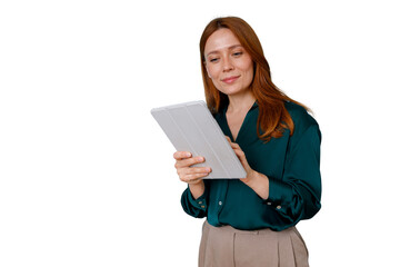 Naklejka premium Woman smiling and using digital tablet, engaging with technology, connectivity, communication, and professional work