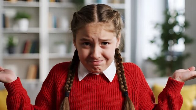 Young girl expresses confusion and frustration with facial expressions.