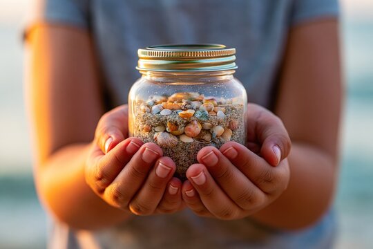 Hands Holding Glass Jar Filled with Seashells and Sand