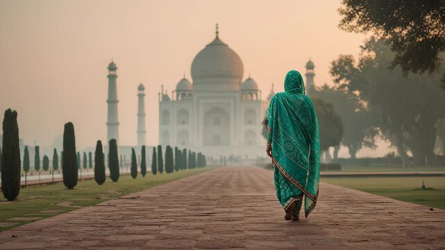 Rear view of a woman in a green sari walking along the main path toward the Taj Mahal at sunrise in Agra, India, with soft morning haze and cypress trees