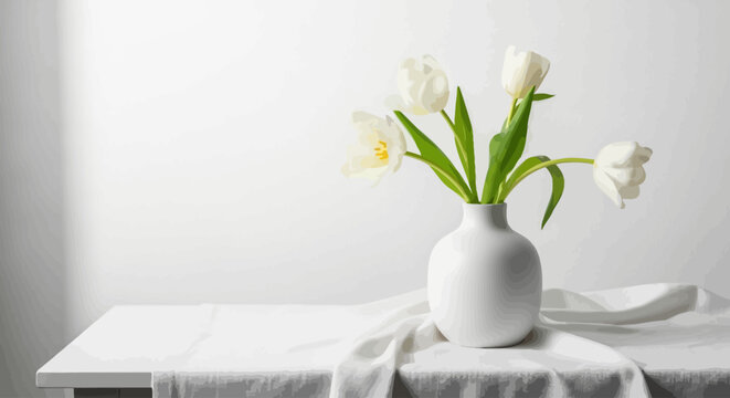 Beautiful white tulips in vase on table with linen cloth in bright minimalist interior with natural light