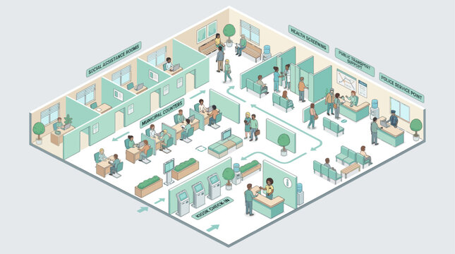 Isometric vector illustration of a modern municipal office interior with service counters and waiting areas for public administration and government services in a professional minimalist style