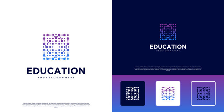 Digital network connection logo with education concept, modern abstract style, square shape, vector graphic illustration.