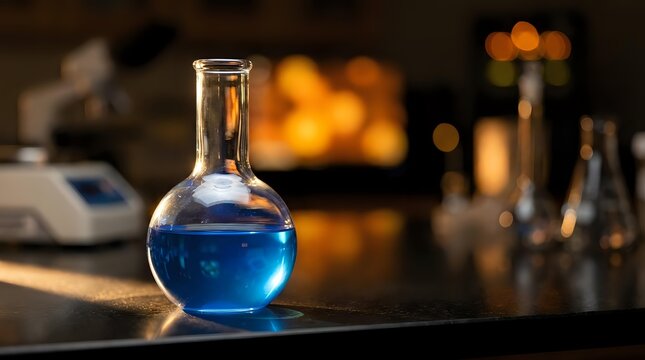Round bottom flask with vivid blue liquid on lab bench, warm bokeh background with glowing light, scientific research and chemistry concept.