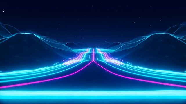 Vibrant Neonlit Highway Curves Across Mountainous Terrain Beneath Shimmering Starry Night Sky