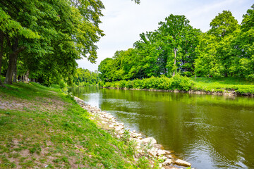 Fototapeta premium A view of Jirsakovy sady located in Hradec Kralova where the Elbe and Orlice rivers meet. Green trees line the riverbanks creating a natural setting for visitors.