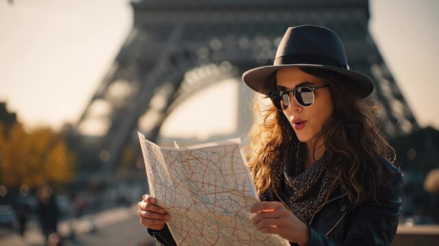 Cinematic travel footage of a stylish young woman in hat and sunglasses reading a city map outdoors with the Eiffel Tower blurred in background, Paris, France