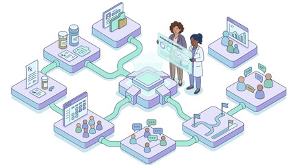 Fototapeta premium Isometric digital healthcare network illustration with diverse female doctor analyzing electronic medical records and patient data on a futuristic holographic dashboard, pastel purple and teal design.