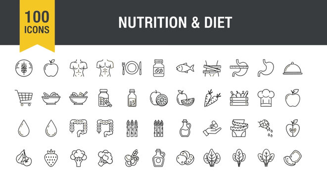 Modern Flat Line Icons Depicting Nutrition, Diet, Healthy Food Choices, Wellness, and Lifestyle Elements for Digital Design Resources