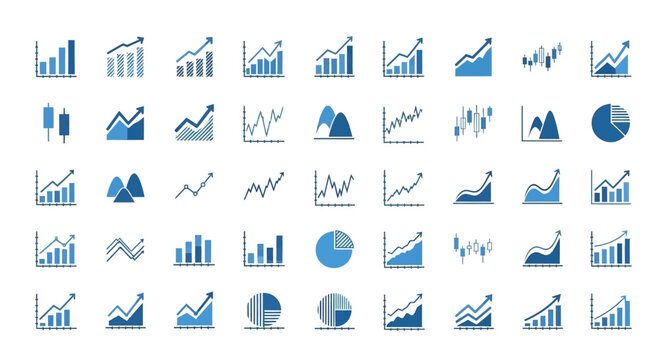 Versatile Vector Icon Set Featuring Growth Charts, Financial Graphs, Business Analytics, and Statistical Data Visualization for Reports and Market Trends