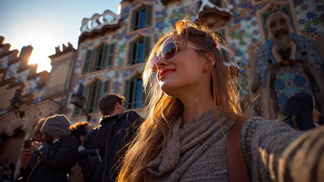 Travel footage of a young woman wearing sunglasses taking a selfie in front of Casa Batllo on Passeig de Gracia, Barcelona, Spain, with warm sunset light and crowd