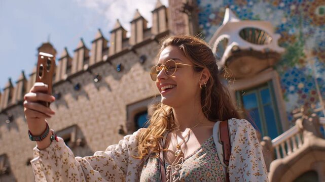 Smiling female tourist wearing sunglasses takes a selfie with smartphone at Park Guell, Barcelona, Catalonia, Spain, with colorful mosaic architecture in background