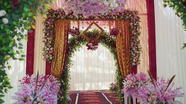 Cinematic Indian Wedding Stage Decoration with Floral Archway and Luxury Fabric Drapes