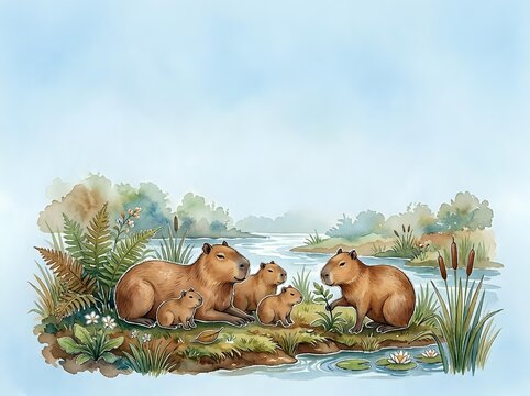 Watercolor capybara family resting by peaceful river with lush vegetation and serene natural landscape for wildlife and nature themed projects.
