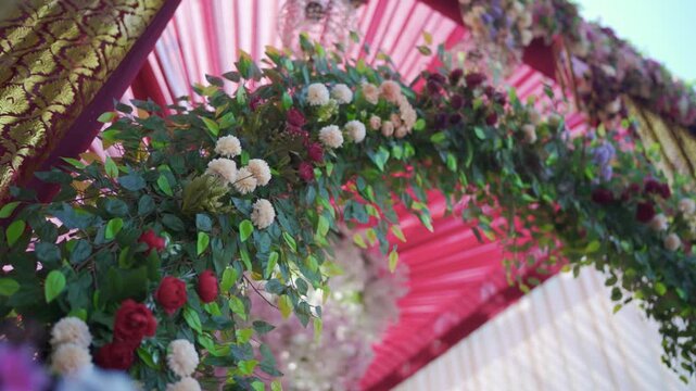 Cinematic Panning Shot of Elegant Floral Wedding Arch Decoration