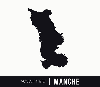  Minimal black silhouette map of Manche. administrative division of France. Clean vector geographic outline perfect for cartography projects, travel designs, regional branding.
