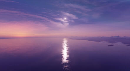 Fototapeta premium Moonlit Ocean Sunset Over Distant Mountains at Dusk — Purple Twilight 3D Rendering