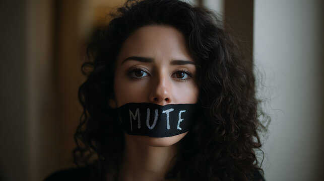 Young woman with brown curly hair, her mouth covered by black tape marked with a white word, conveying silence and suppression