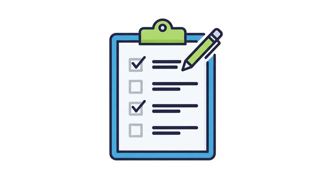 A flat vector illustration of a clipboard with checklist items and a pencil attached to it