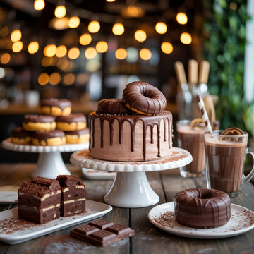 Chocolate cake, donuts, brownies and hot chocolate drinks