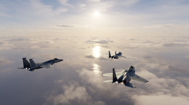 Fighter Jets Flying In Formation Over Clouds At Sunset Military Aircraft 3D Rendering