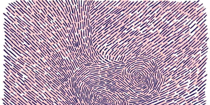 Abstract background with black fingerprint lines and pink digital pixel squares pattern