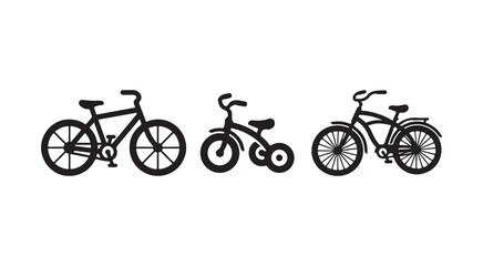 Fototapeta premium Black Bicycle Icons Set Showing Standard Bike Kids Tricycle and Vintage Cruiser