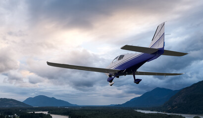 Fototapeta premium Private Single-Engine Plane Flying Over BC Mountains at Sunset — 3D Rendering Aerial View