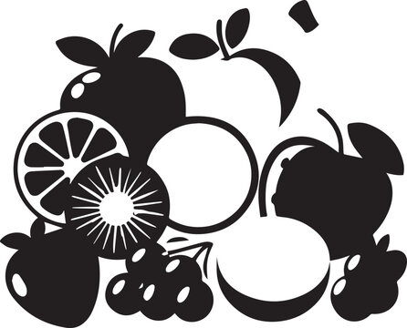 Black and white silhouette illustration of various fruits on a white background
