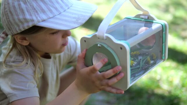 Young female explorer curiously observing insects and dandelions she has collected in a bug viewer box. Engaging in educational outdoor activities, she is learning about entomology in the garden