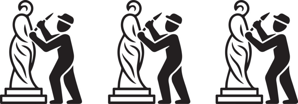 Vector illustration of a man sculpting a statue in three different positions on white background