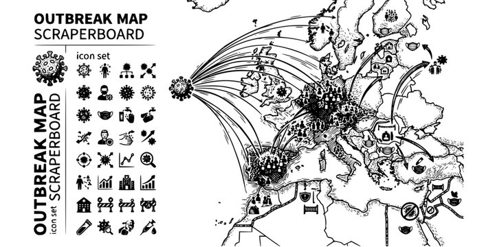 Outbreak Map Scraperboard Black White-Spread Cluster Containment Zone-Epidemiology Vector-Outbreak Icon Scraperboard-Hospital Quality Design Set