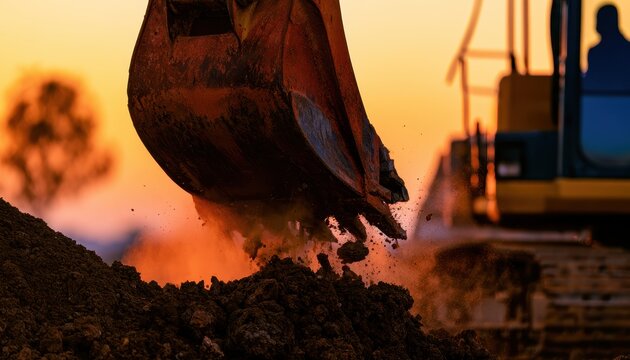A large excavator digs into a pile of dirt at sunset