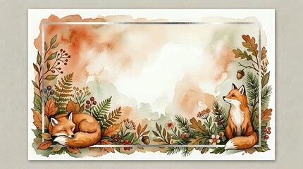 Fototapeta premium Watercolor autumn forest frame with sleeping foxes among ferns and foliage on transparent background, ready for seasonal design projects and crafts.