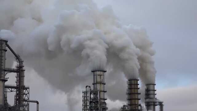 Emission From Industrial Site Rises. Dense White Smoke Ascends From Refinery Towers Into Winter Sky