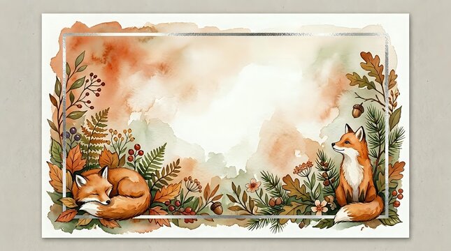 Watercolor autumn forest frame with sleeping foxes among ferns and foliage on transparent background, ready for seasonal design projects and crafts.