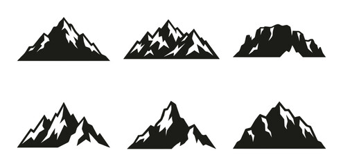 Fototapeta premium Mountain Peaks Vector Icons, Rugged Summit Silhouettes, Adventure Landscape Graphics
