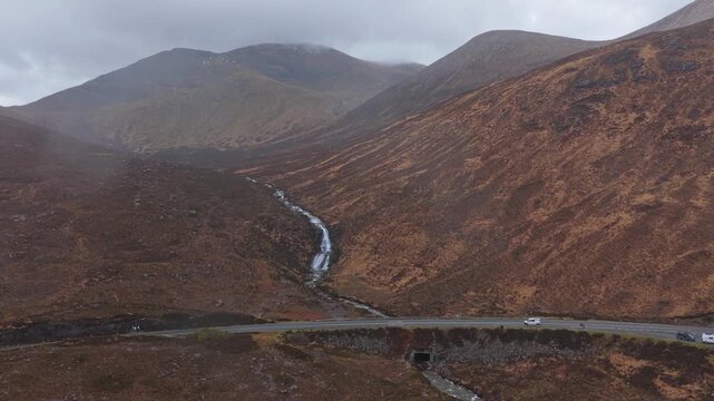 Scenic aerial view of eas a' bhradain waterfall in scotland
