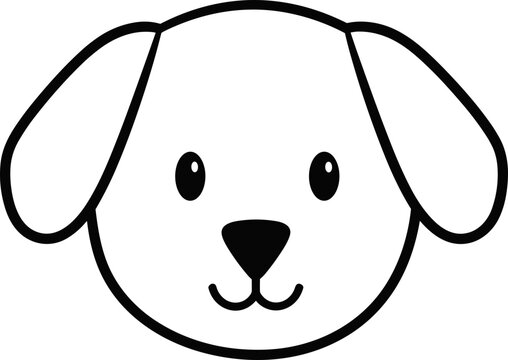 Cute Simple Dog Face Outline, Black and White, Cartoon Style, Vector Illustration